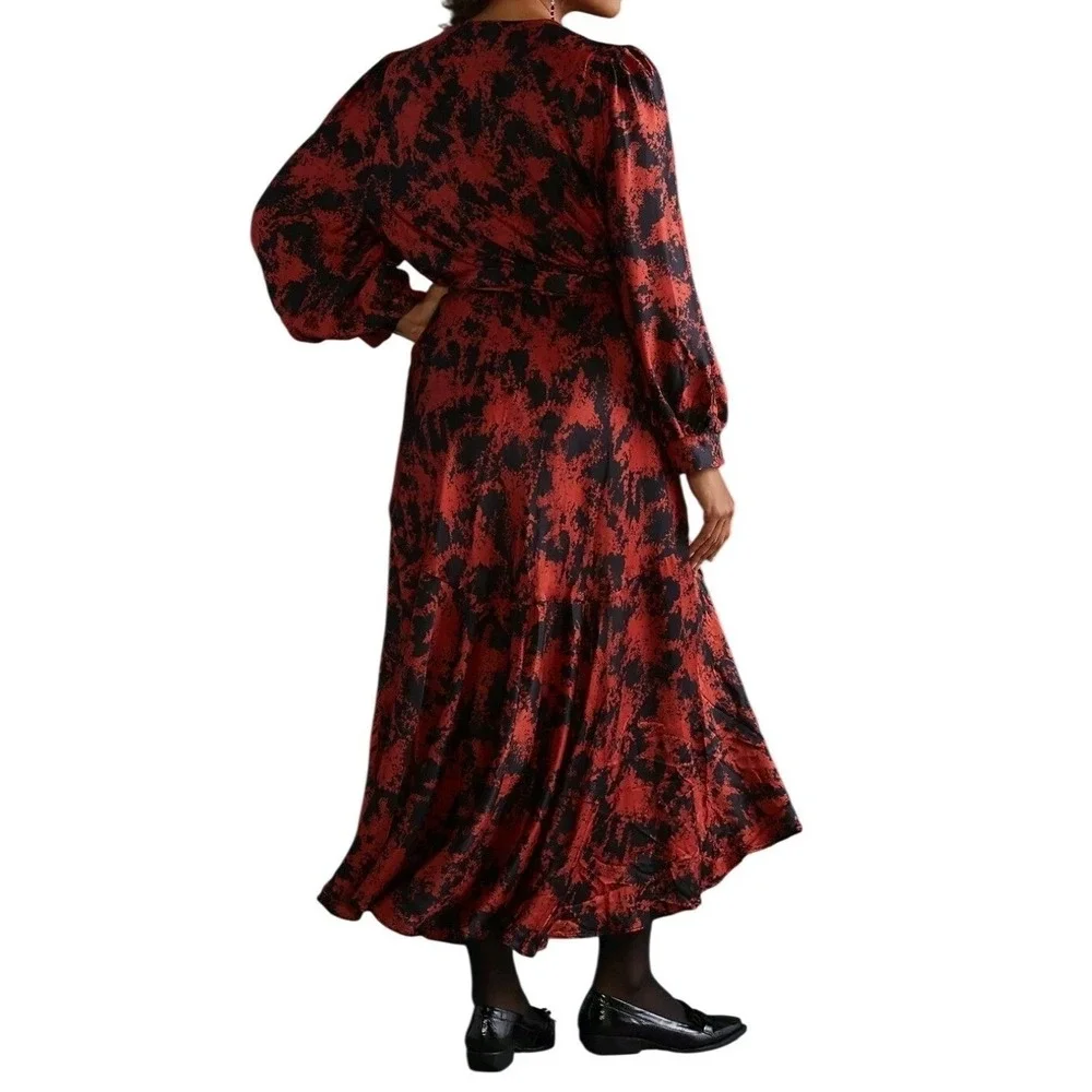 CABALLERO Anthro Red Black Silk Abstract Wrap Midi Dress Long Puff Sleeve Size M